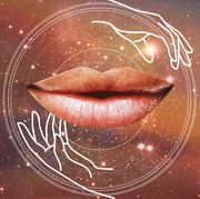 a pair of pink lips smiles slightly with a white illustrated outline of two hands encircling it a rainbow starry sky and a circle are in the background