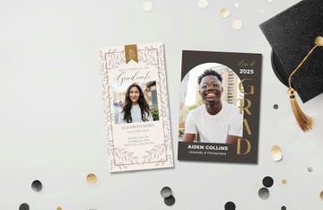 graduation announcements and a celebratory cap on a table