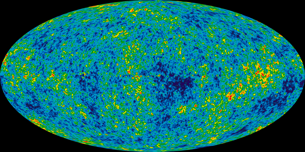 immagine dettagliata di tutto il cielo dell'universo neonato creata da nove anni di dati wmap con fluttuazioni di temperatura mostrate come differenze di colore che corrispondono ai semi che sono cresciuti fino a diventare le galassie i punti caldi sono mostrati come rossi, i punti freddi come blu scuro