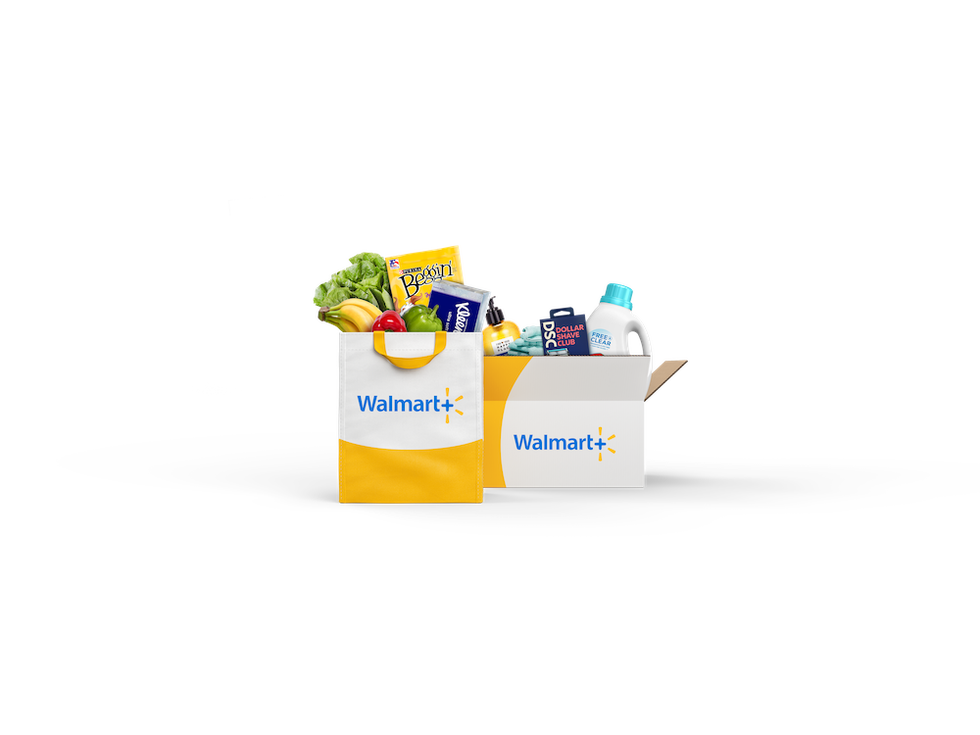 grocery and household items in a walmart delivery bag and box