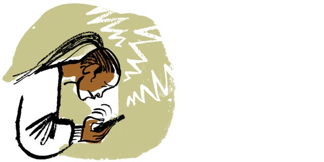 woman hunched over a smartphone