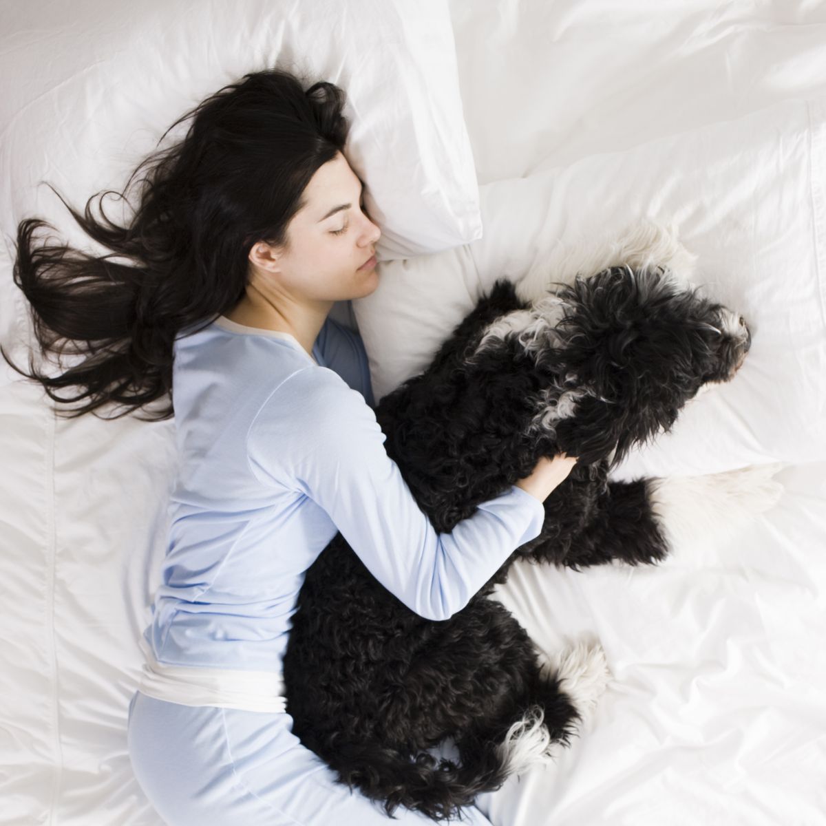woman and her dog in bed