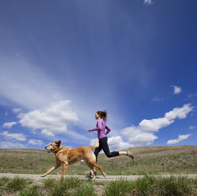 a woman and her dog jogging
