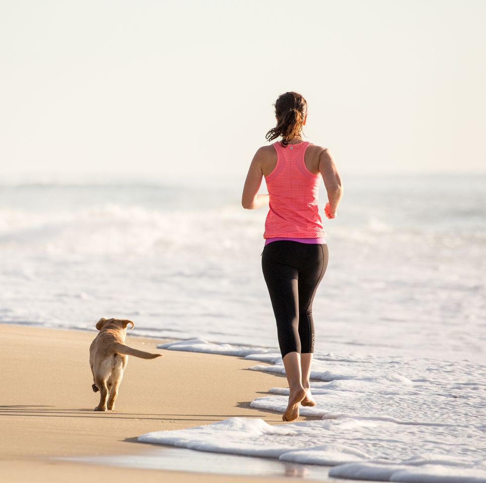 woman and labrador puppy running on beach