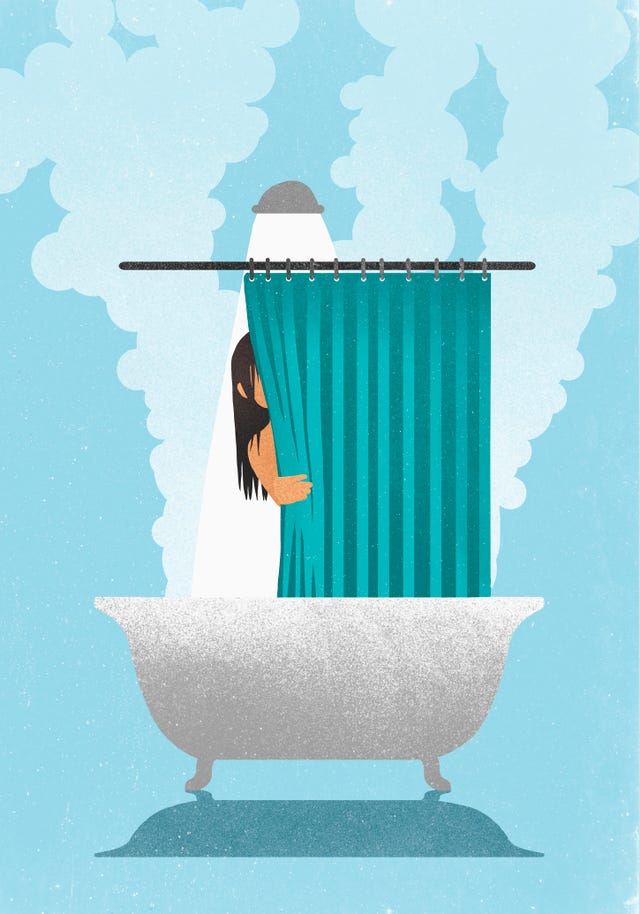 woman behind curtain in hot, steaming shower