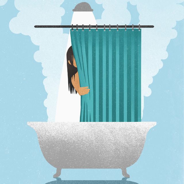 woman behind curtain in hot, steaming shower