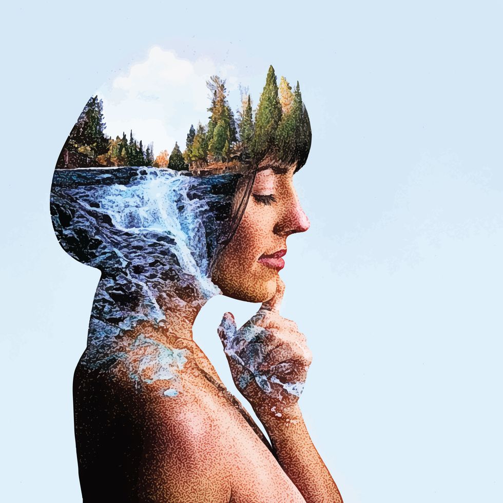 multiple exposure of young woman morphing into river and waterfall