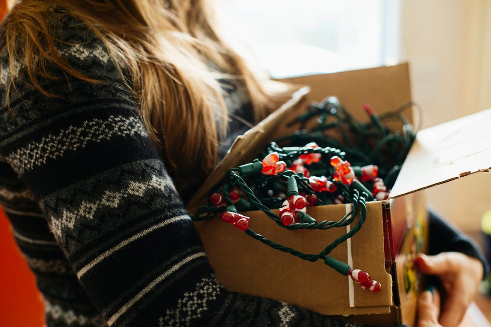 woman carrying christmas lights in cardboard box