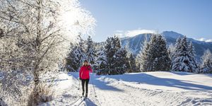 Woman cross country skiing on sunny day.
