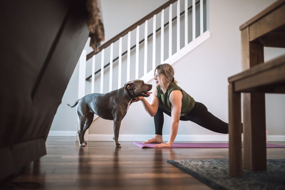 woman doing home fitness exercises with her dog