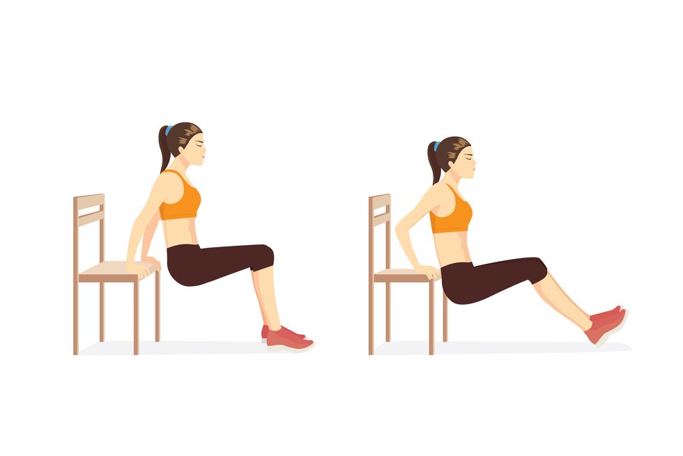 woman doing triceps dips with bench in 2 step for exercise guide
