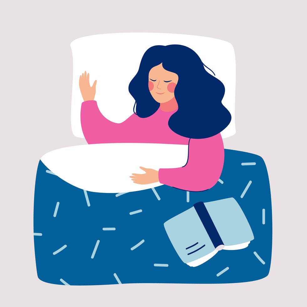 woman sleeping at night in her bed with open book vector illustration