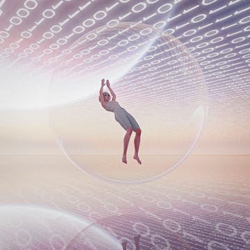 woman floating in sphere in binary code