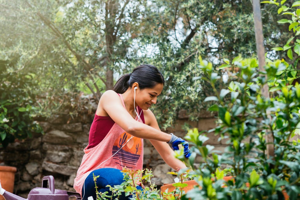 cheerful woman gardening in backyard