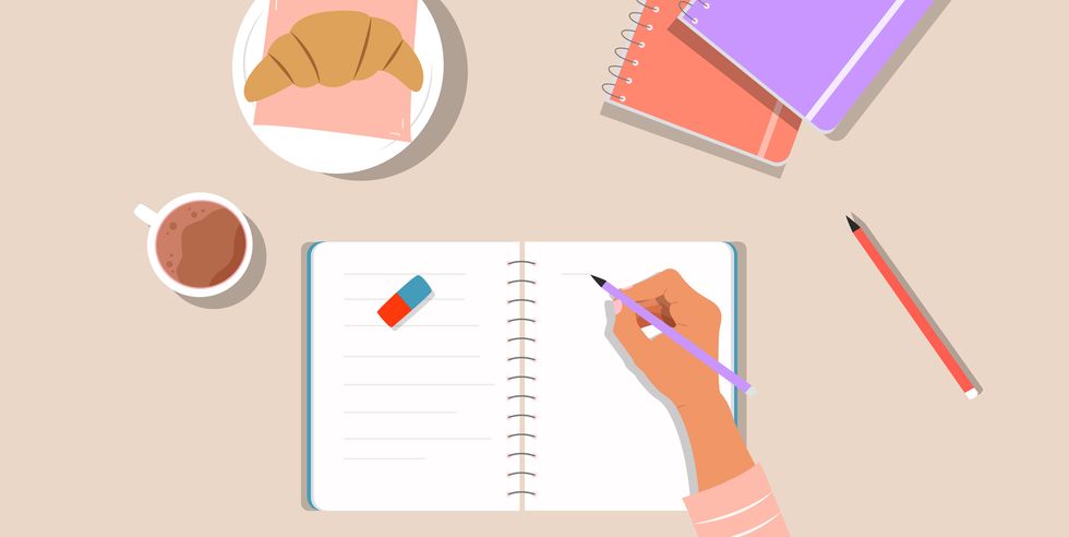 woman hands writing in notebook or student doing homework concept of writing diary, message to yourself, goals cozy desk with cup of tea and cookies flat cartoon colorful vector illustration