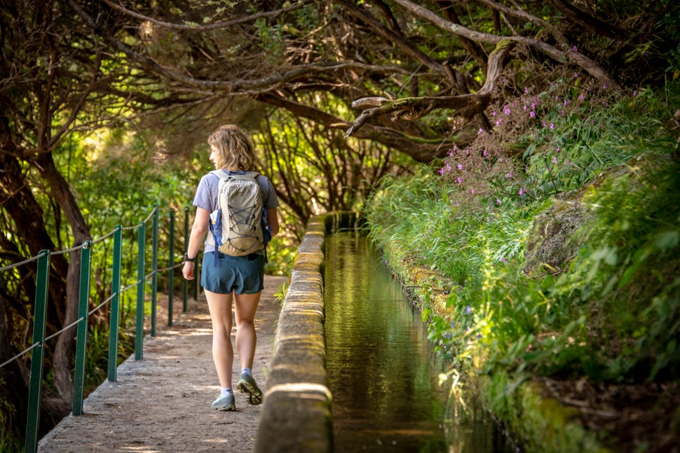 Woman walking along a levada on the island of Madeira, Portugal PR6 Levada Das 25 Fontes Levada do Risco