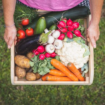 woman is holding wooden crate full of vegetables from organic garden
