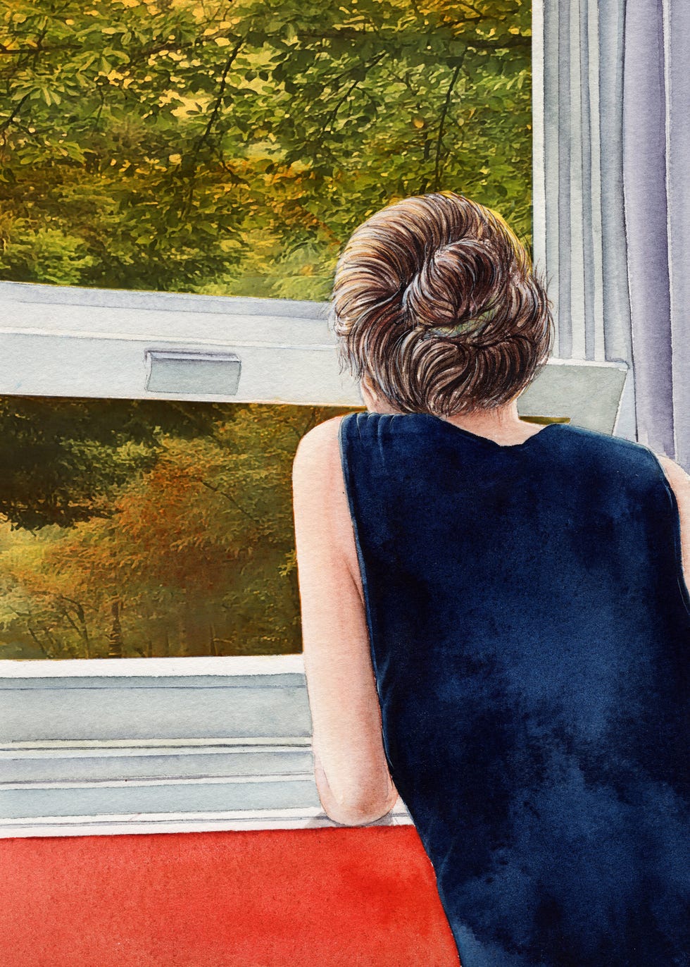 a woman looking through the window, watercolor painting