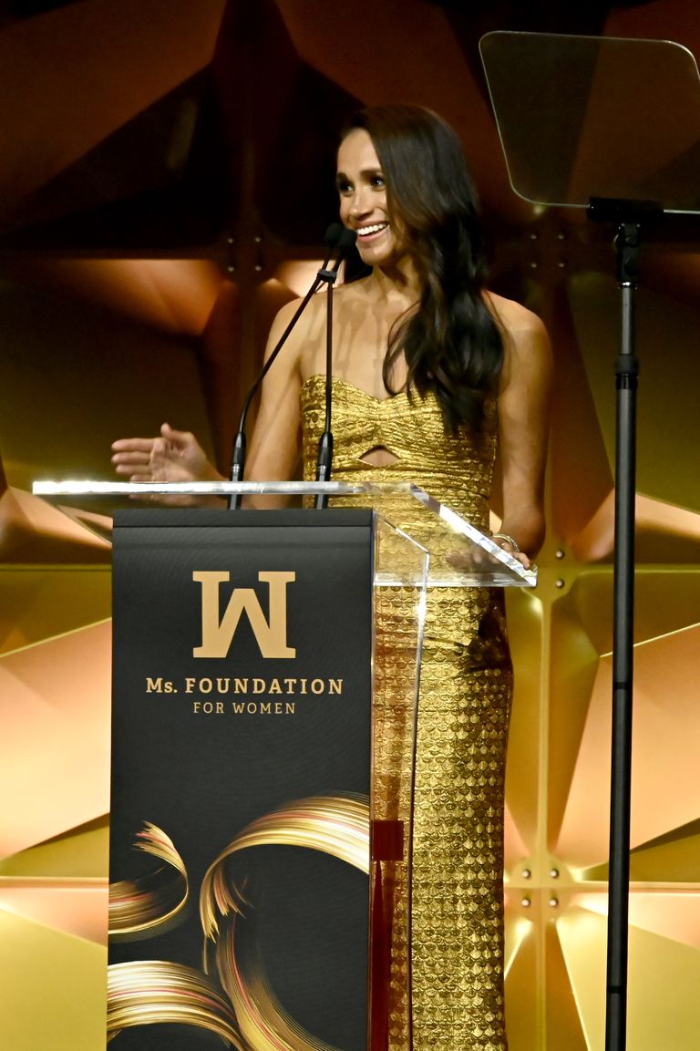 Meghan Markle Wore A Stunning Gold Front Slit Dress With Prince Harry At Ms Foundation Awards