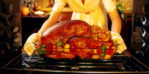 woman preparing roasted turkey in oven