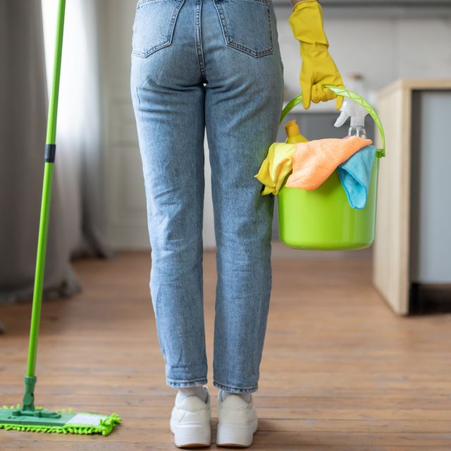 woman ready to clean, standing with mop and bucket, cropped
