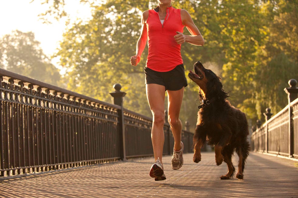 mujer corriendo en un parque con un perro