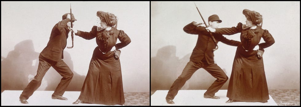 self defense training for women gained popularity in the early 1900s, a woman fends off an attacker in these 1906 studio photographs