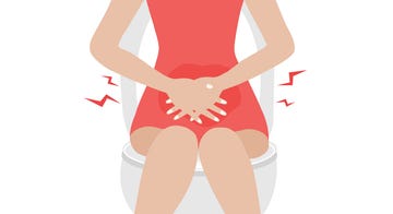 woman sitting on toilet suffering with constipation, stomach ache and normal digestive system vector illustrations