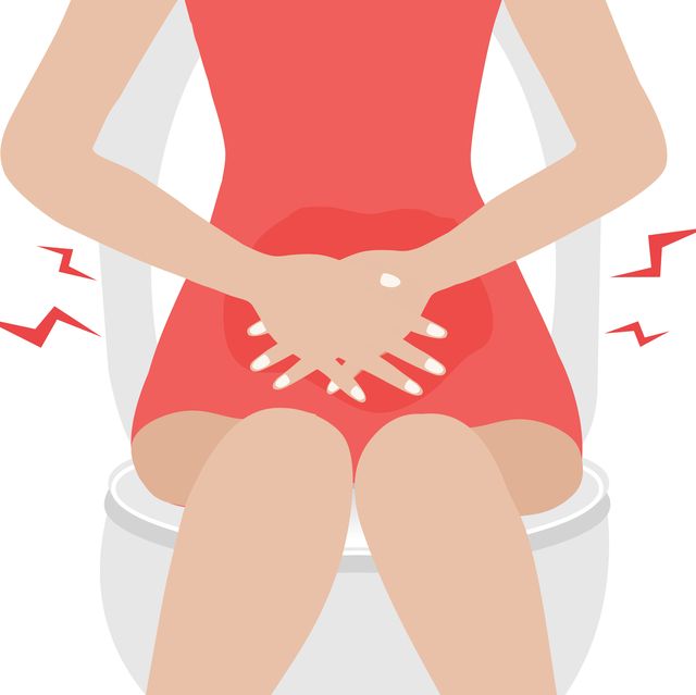 woman sitting on toilet suffering with constipation, stomach ache and normal digestive system vector illustrations