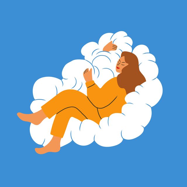 woman sleeping on a cloud sweet dreams concept vector illustration in flat cartoon style