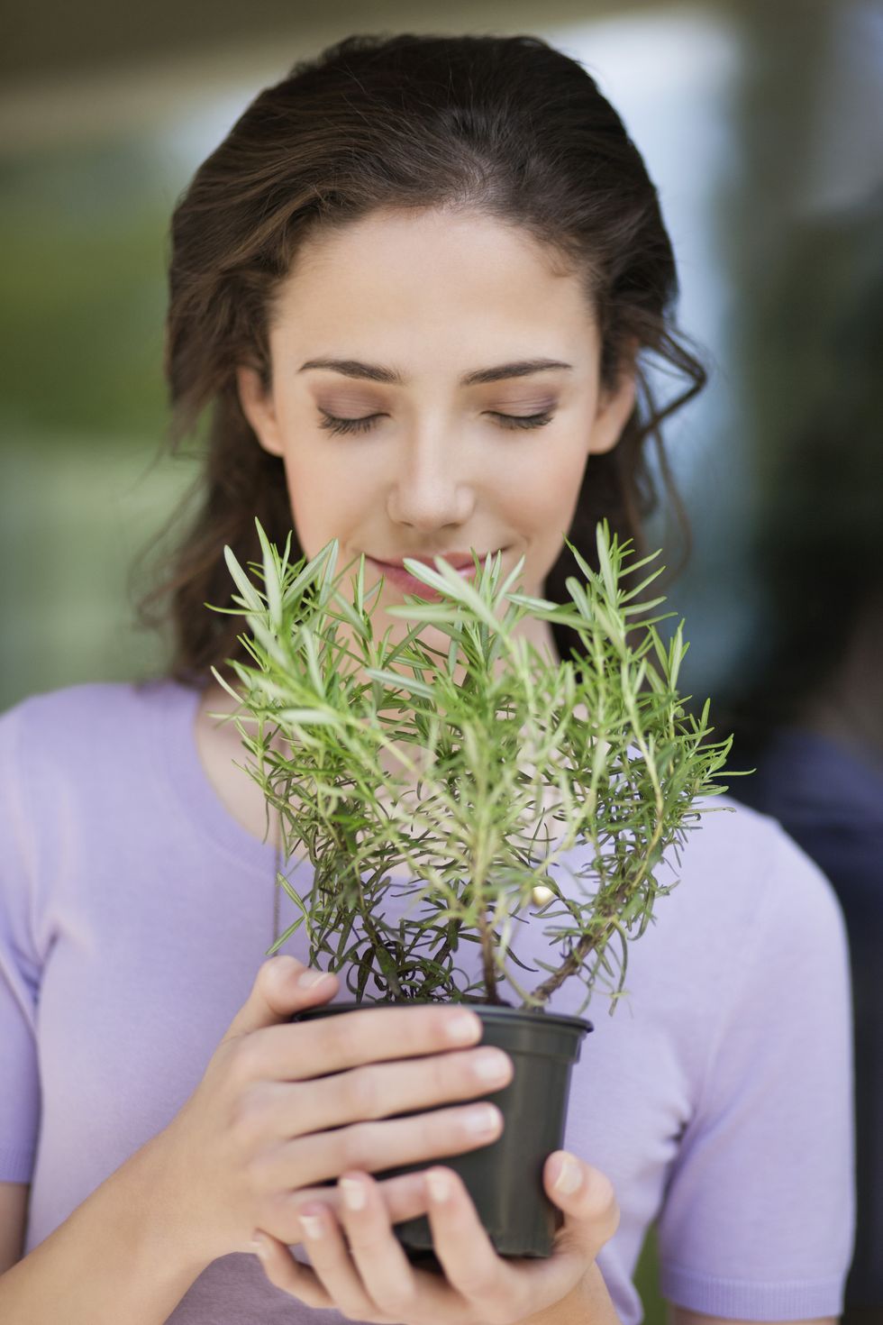 Woman smelling a rosemary plant