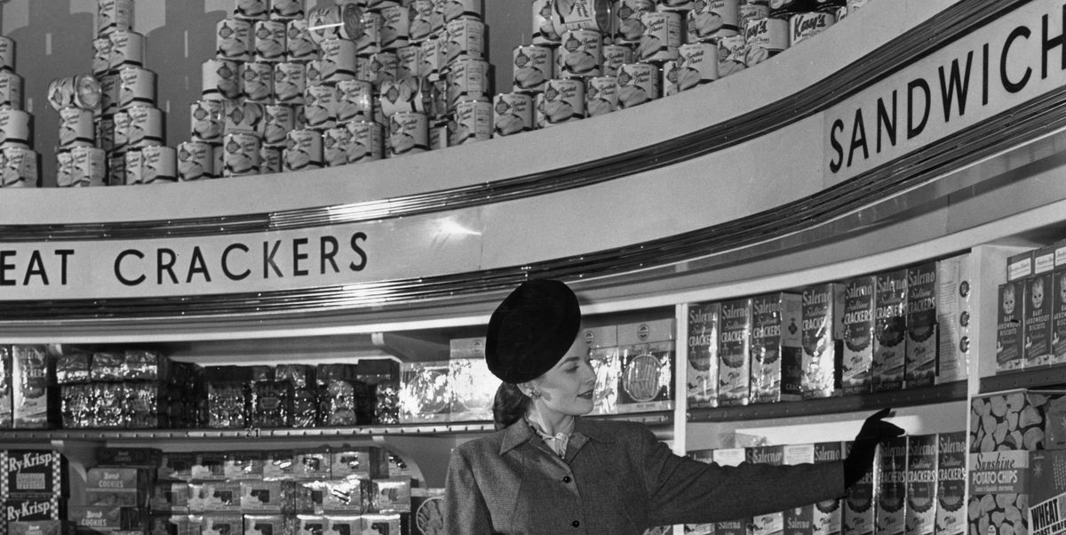 vintage photo of grocery store   woman shopping