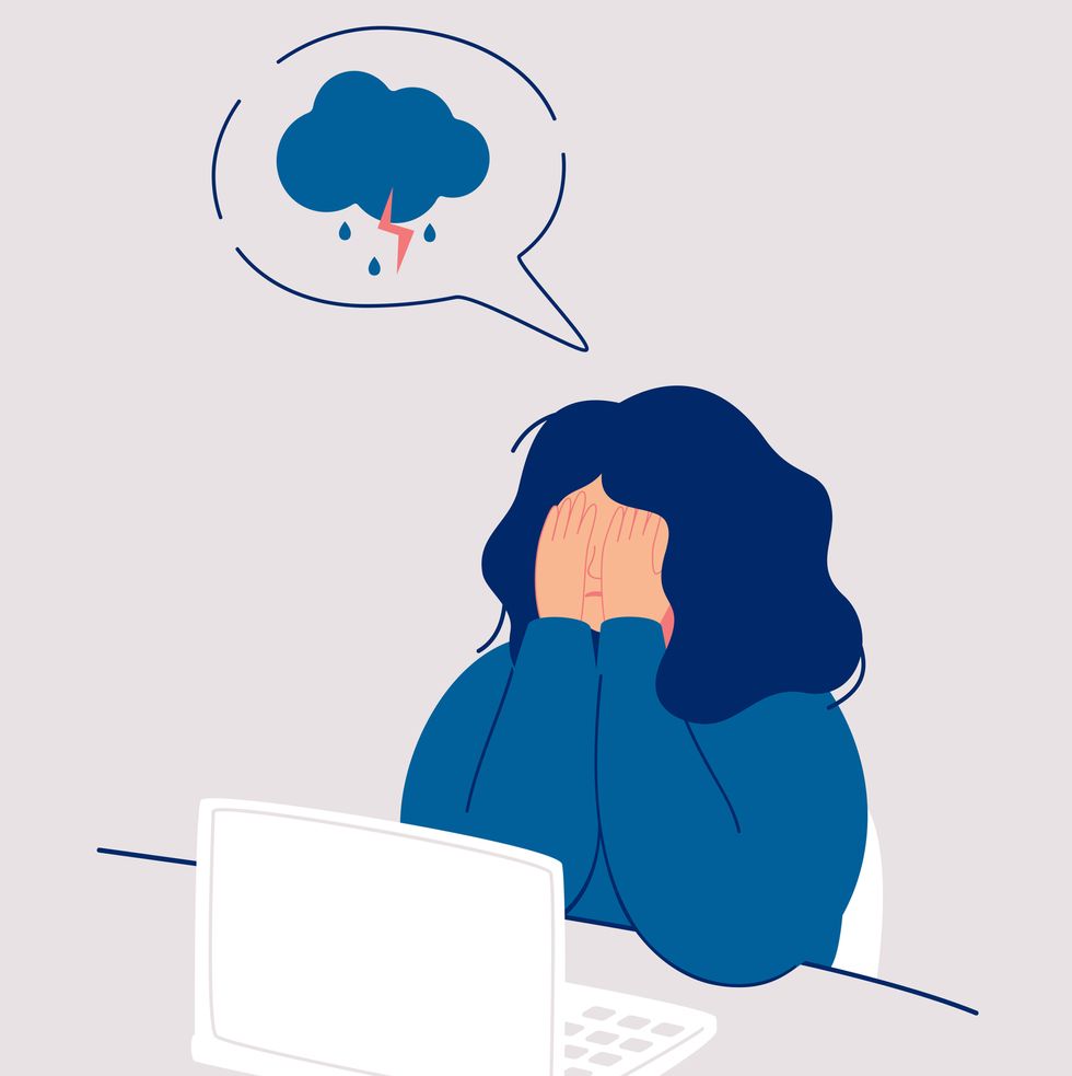 young woman cries covering her face with her hands sitting under rainy and stormy cloud girl feels headache and depression weeping emotions grief vector illustration isolated from white background