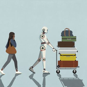 een illustratie van een ai robot die de bagage van een vrouw draagt