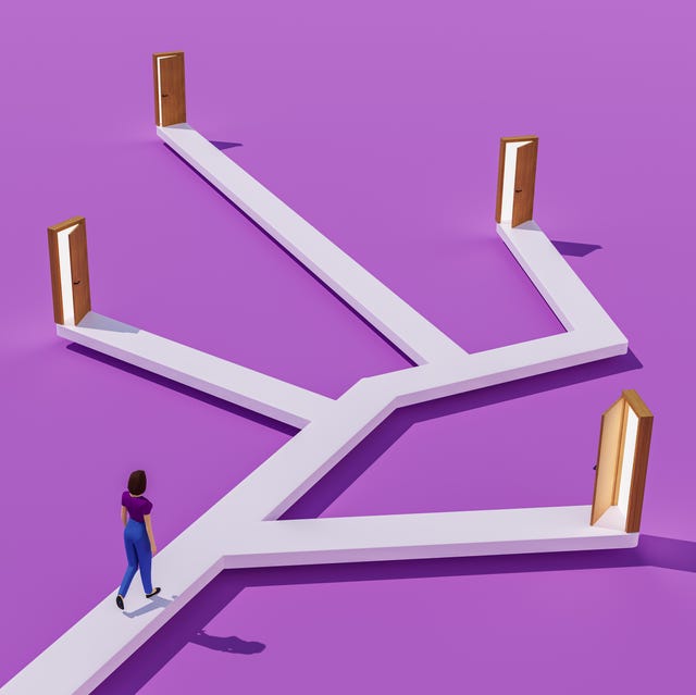 woman walking on branching way leading to multiple doors, choice and decision