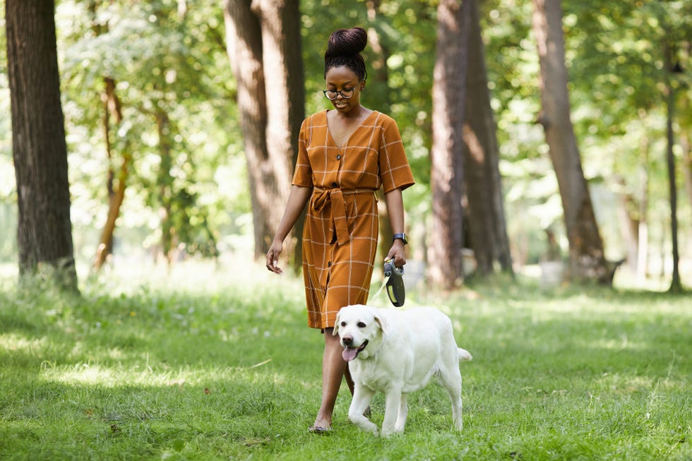 woman taking a walk with dog