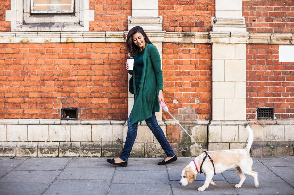 Woman walking with dog in early Sunday morning in London