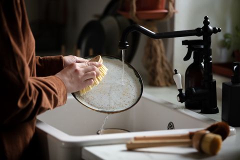 woman washes a plate in the kitchen using eco-friendly brushes