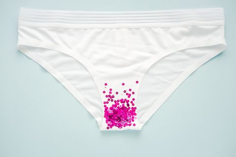 Woman white panties with glitter on pastel, minimalist