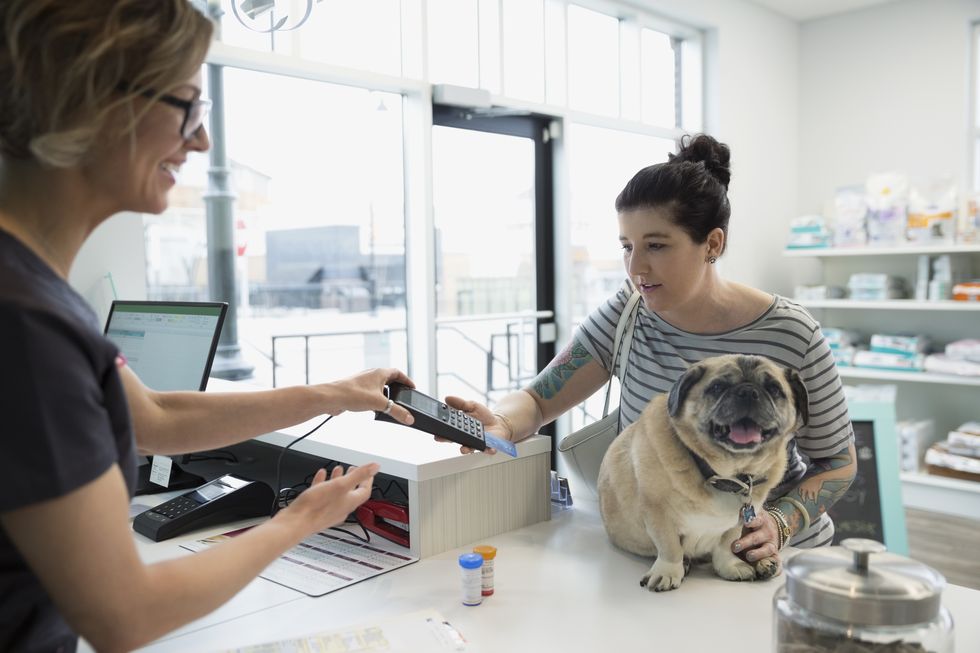 Woman with dog using credit card machine veterinarian