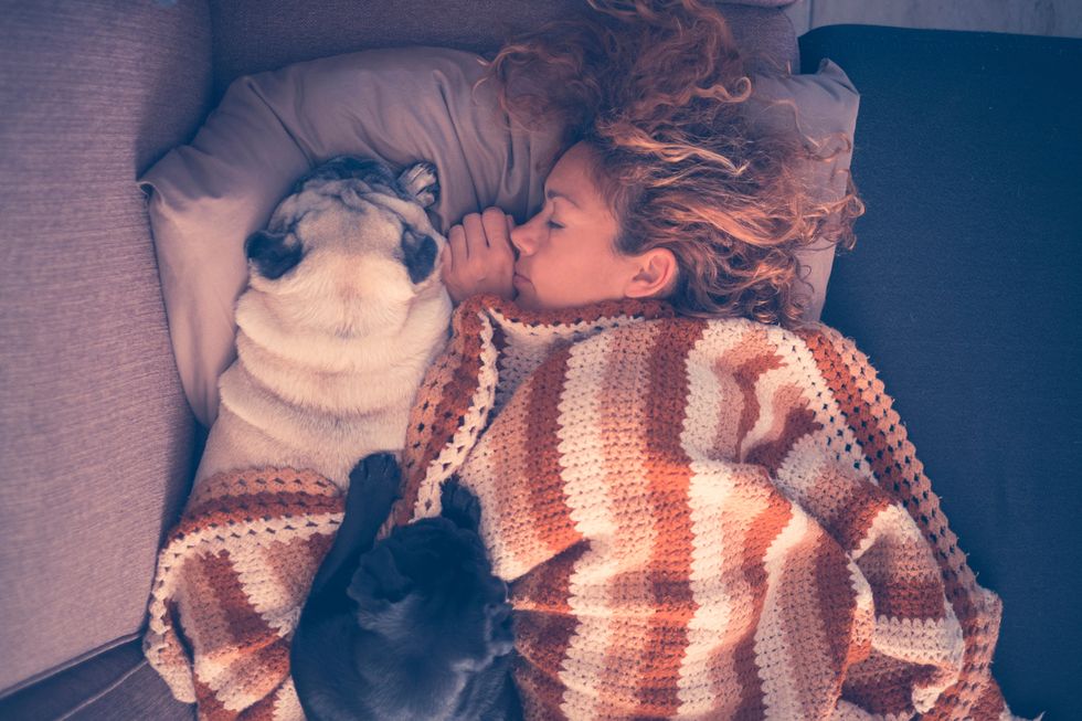 Woman With Dogs Sleeping On Bed At Home