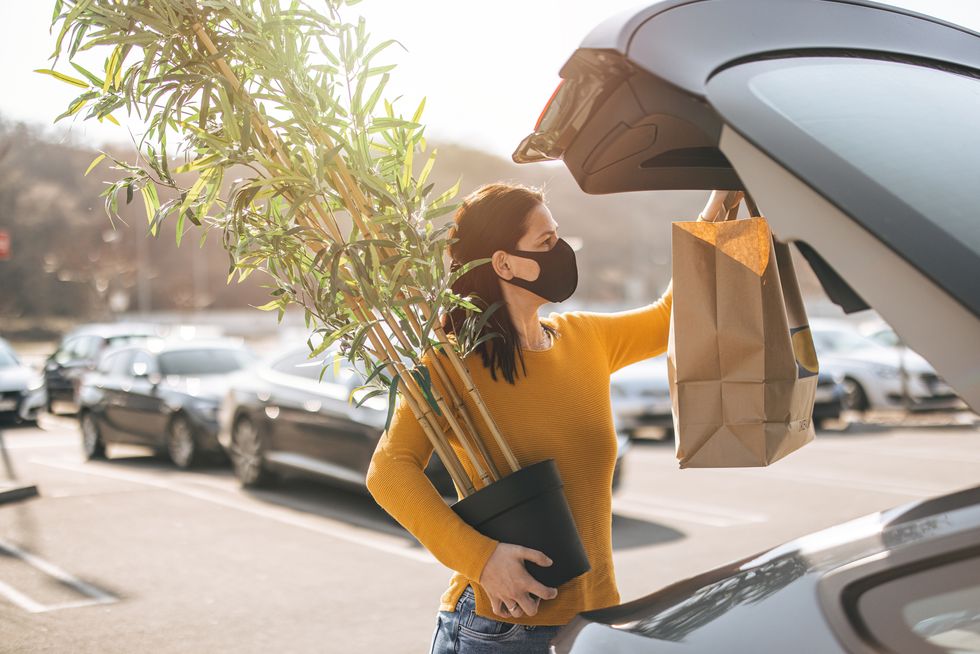woman with face mask holding potted plant in hand and opening car trunk on parking