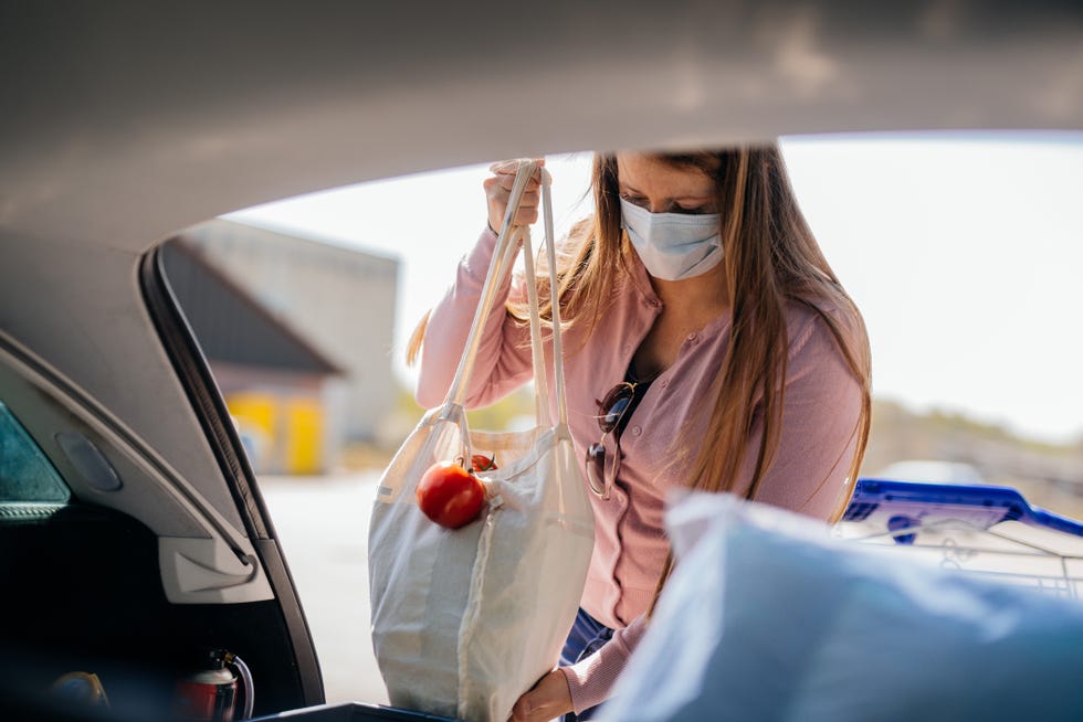 woman with face mask loading car after shopping while covid 19