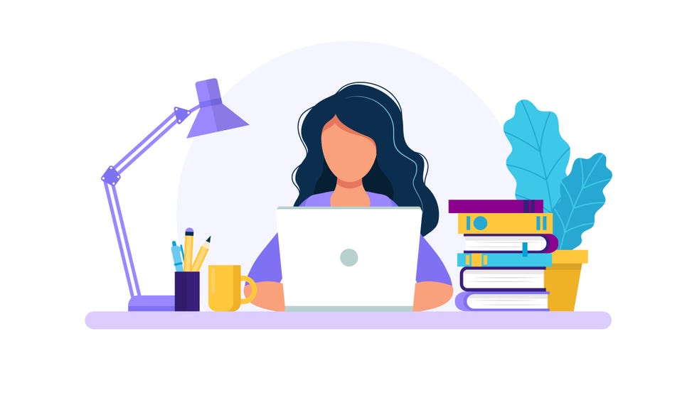 woman with laptop, studying or working concept table with books, lamp, coffee cup vector illustration in flat style