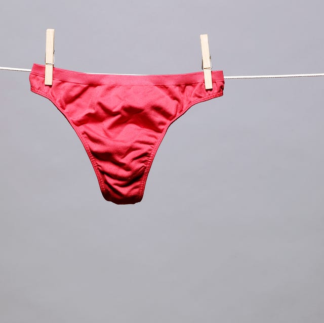 woman's red underwear hanging from line