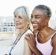 women smiling together on urban rooftop
