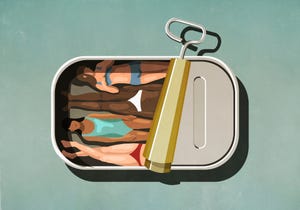 women sunbathing inside sardine can