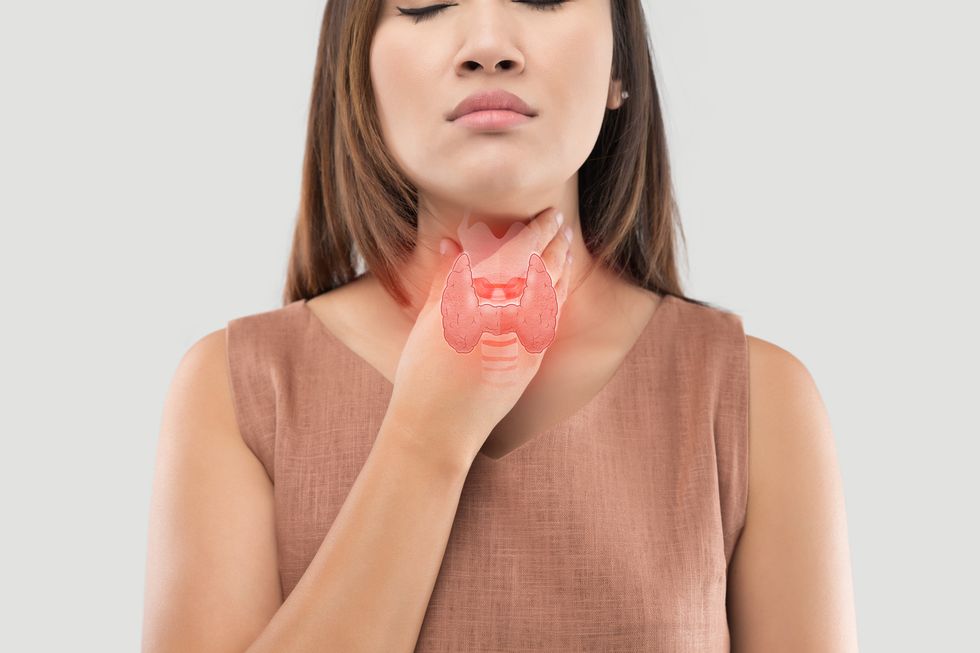 women thyroid gland control sore throat of a people on gray background