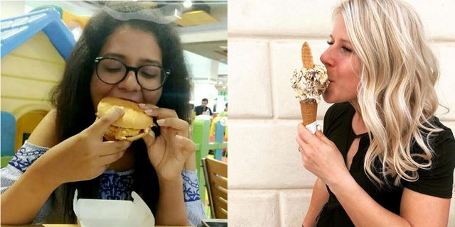 Junk food, Eating, Food, Food craving, Eyewear, Neck, Dish, Cuisine, Gluten, Finger food, 