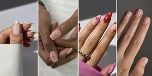 a collage of a woman's hand with red nails